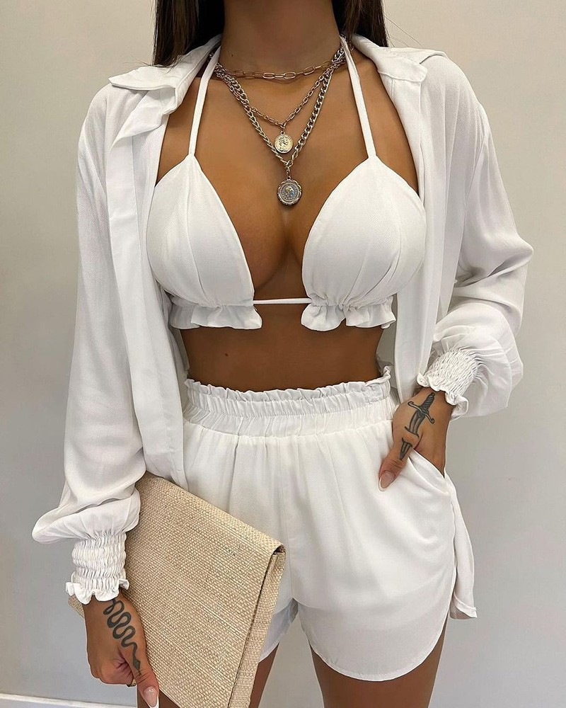 GR | Three-piece swimsuit set: cardigan top and shorts