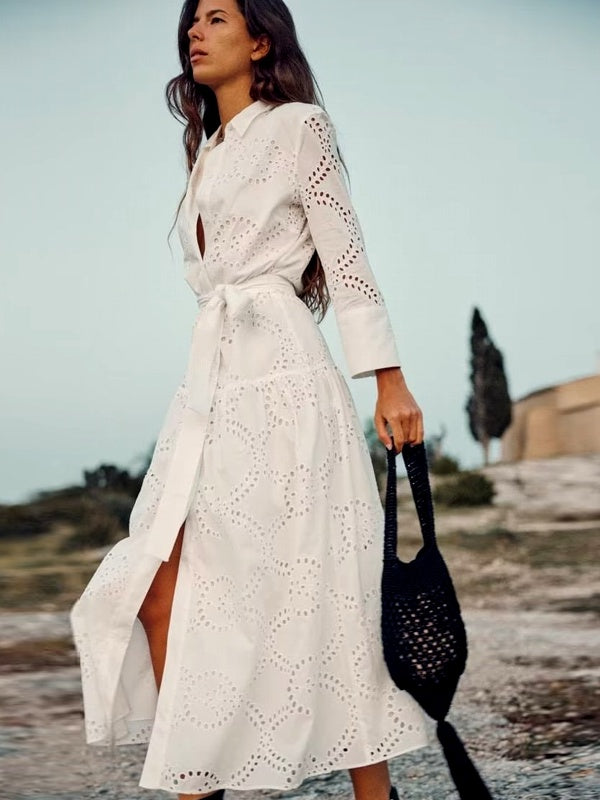 GR | Stilvolles Weißes Damen Chic Loch Midi Kleid