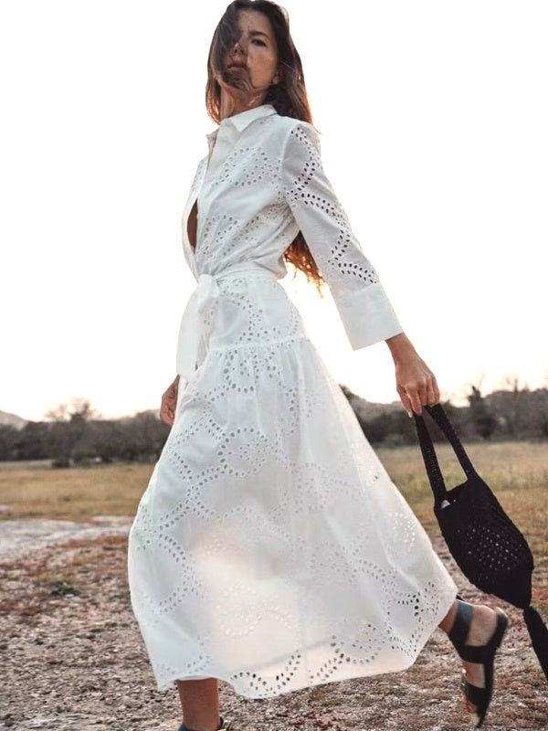 GR | Stilvolles Weißes Damen Chic Loch Midi Kleid
