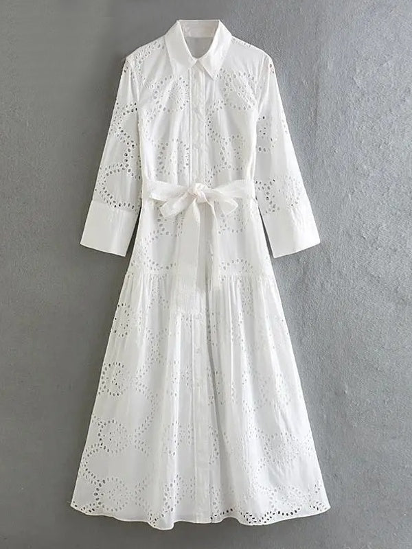 GR | Stilvolles Weißes Damen Chic Loch Midi Kleid