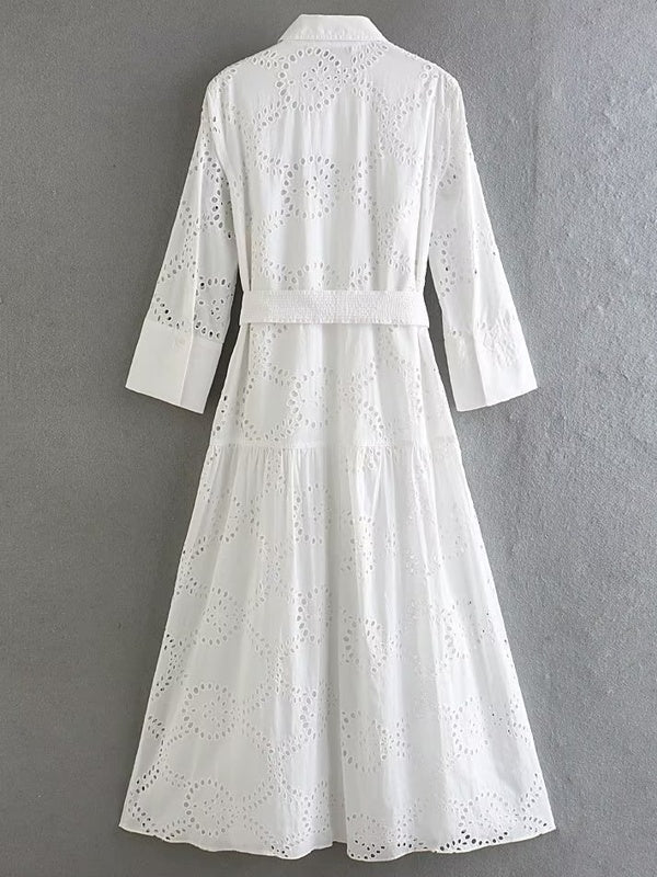 GR | Stilvolles Weißes Damen Chic Loch Midi Kleid