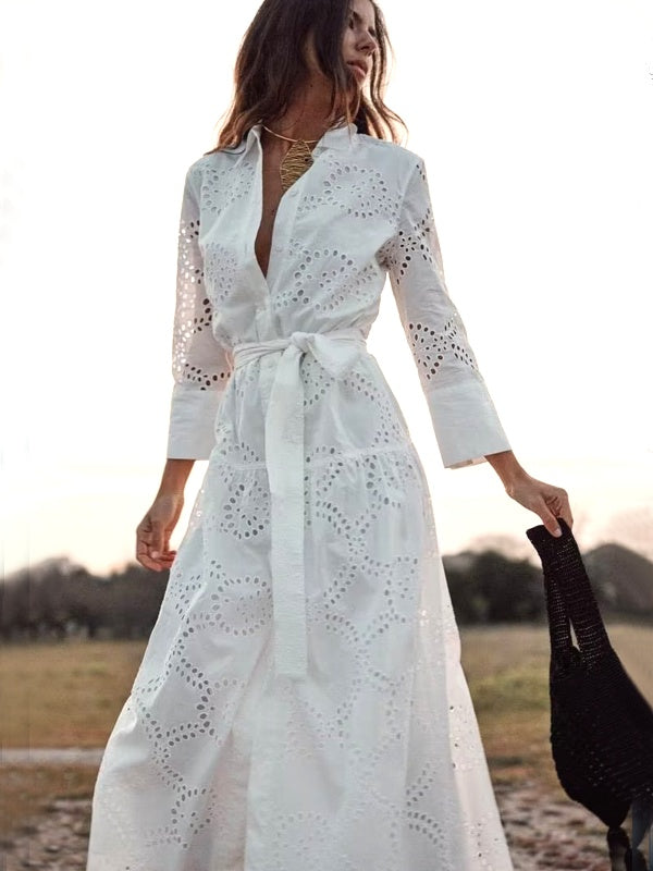 GR | Stilvolles Weißes Damen Chic Loch Midi Kleid
