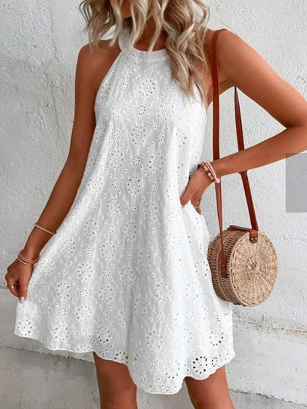 GR | Sommer Frauen O-Ausschnitt Sexy Schmal Weiß Mini Kleid
