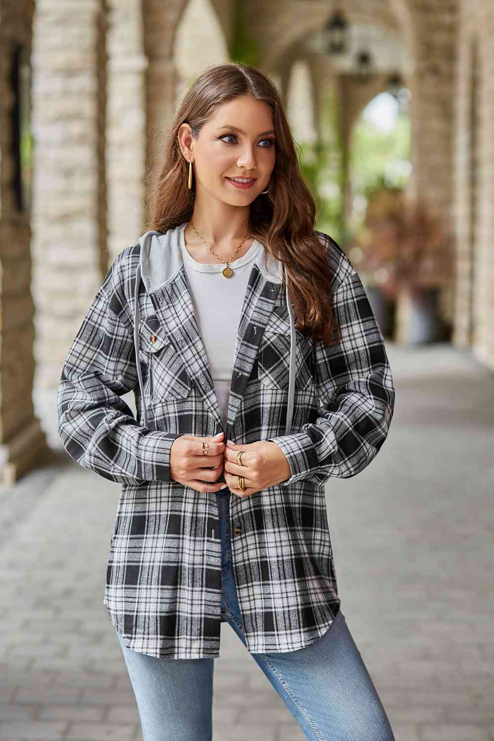 GR | Checkered long-sleeved hooded jacket