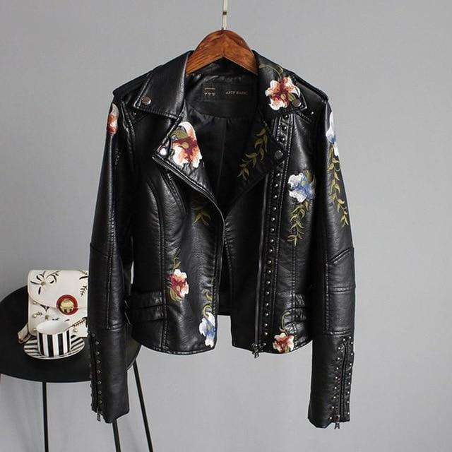 GR | Leather jacket with floral embroidery