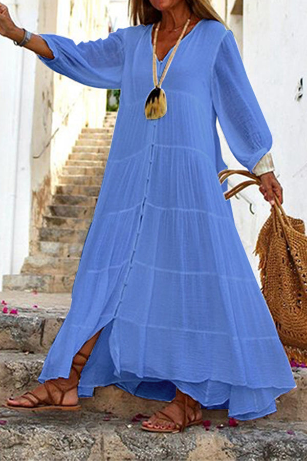 GR | Seraphina Cotton-Linen Blend Button-Up Tiered Maxi Dress