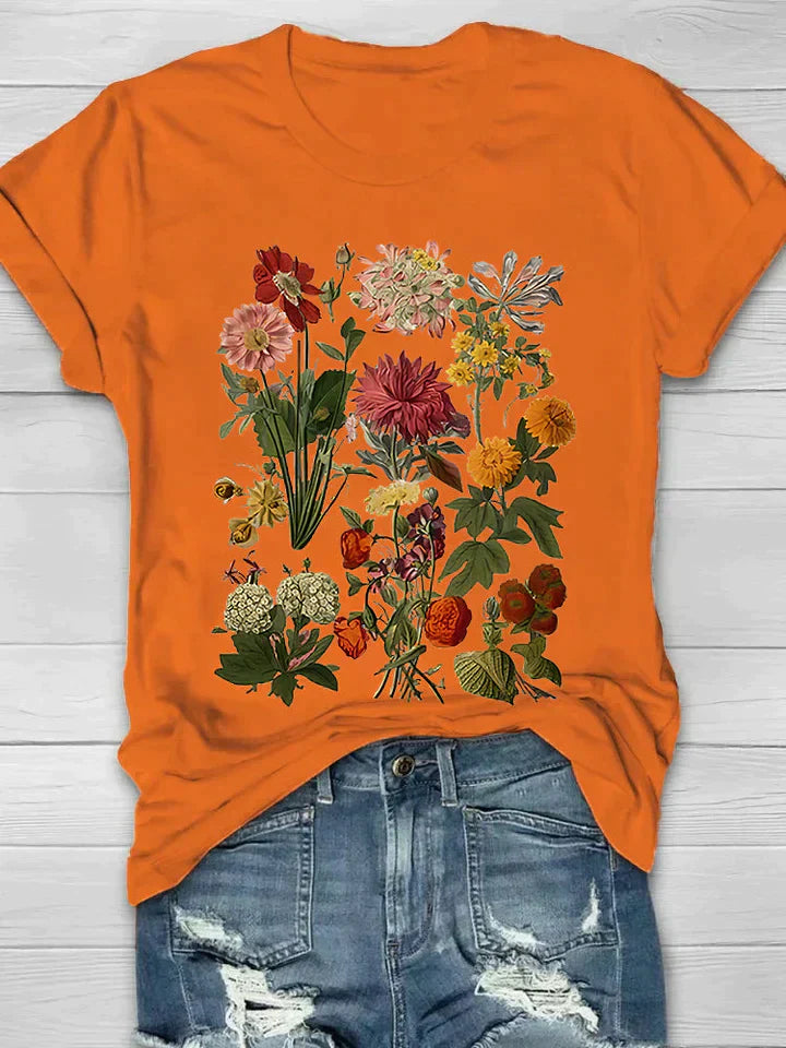 GR | Weinlese Blumen T-shirt Retro Stil Für Lässige Chic