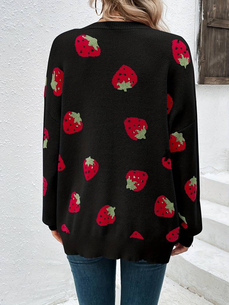 Long-sleeved cardigan with strawberry print for autumn and spring