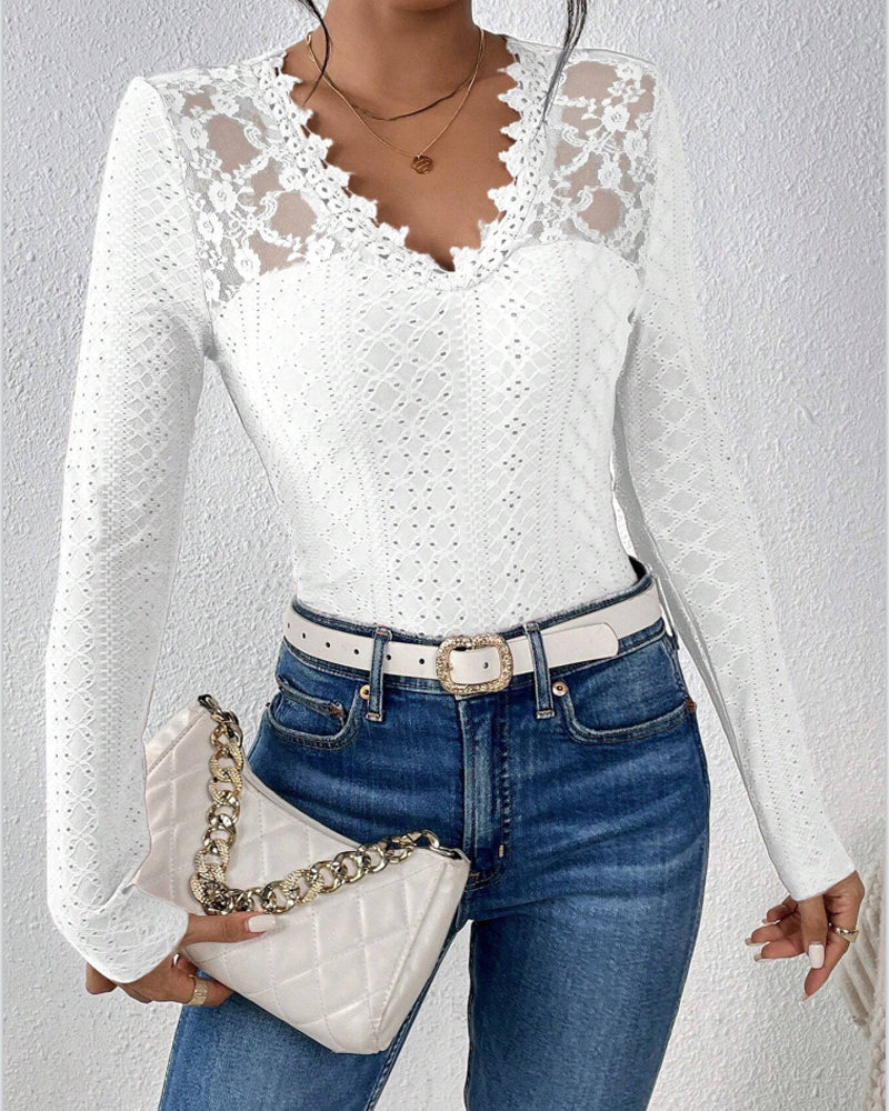 GR | Long-sleeved top, V-neck, Spetspanel