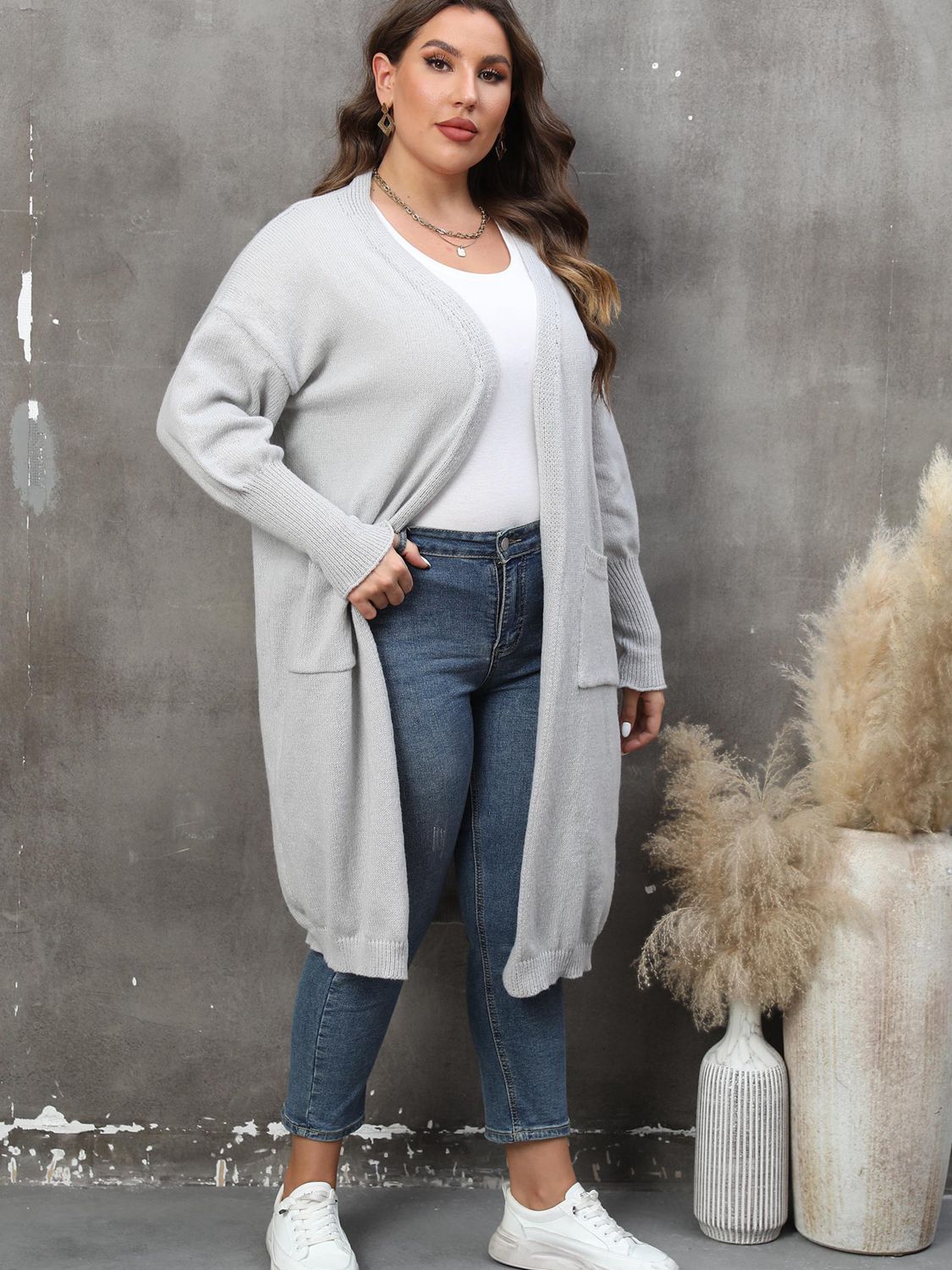GR | Plus Size Langarm Taschen Cardigan
