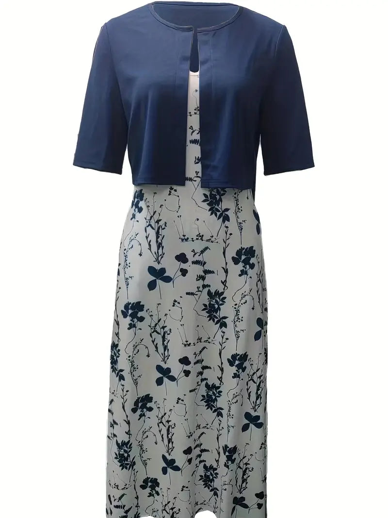 GR | Elegante Zweiteilige Blumenkleid-Set mit Einfarbigem Crop-Top und Rundhalskleid