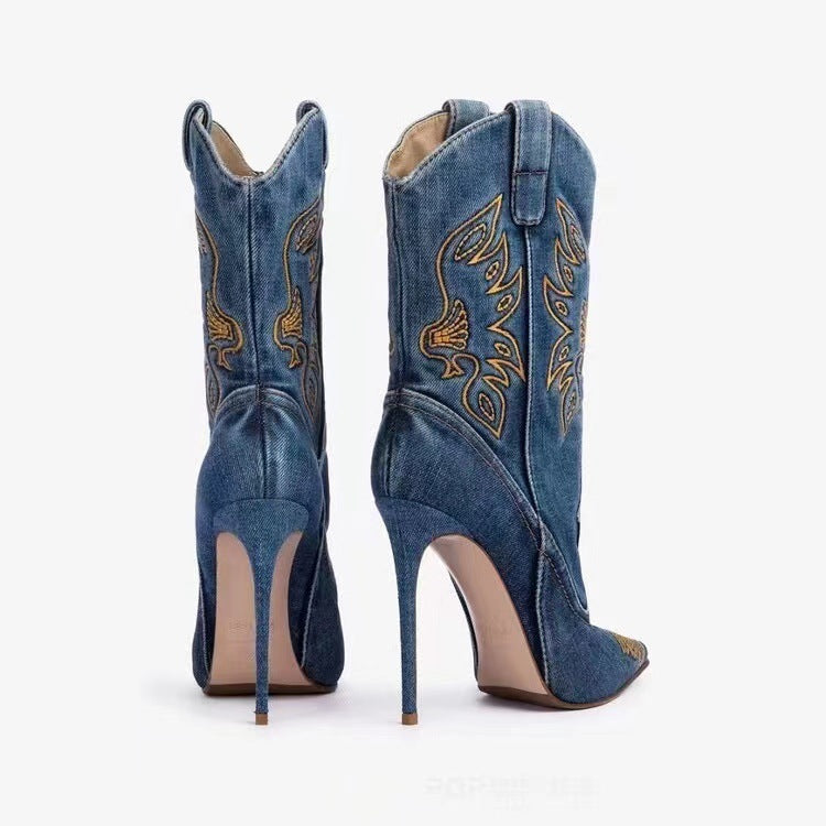 GR | Women's Fashion Western Denim Style High Heels Boots
