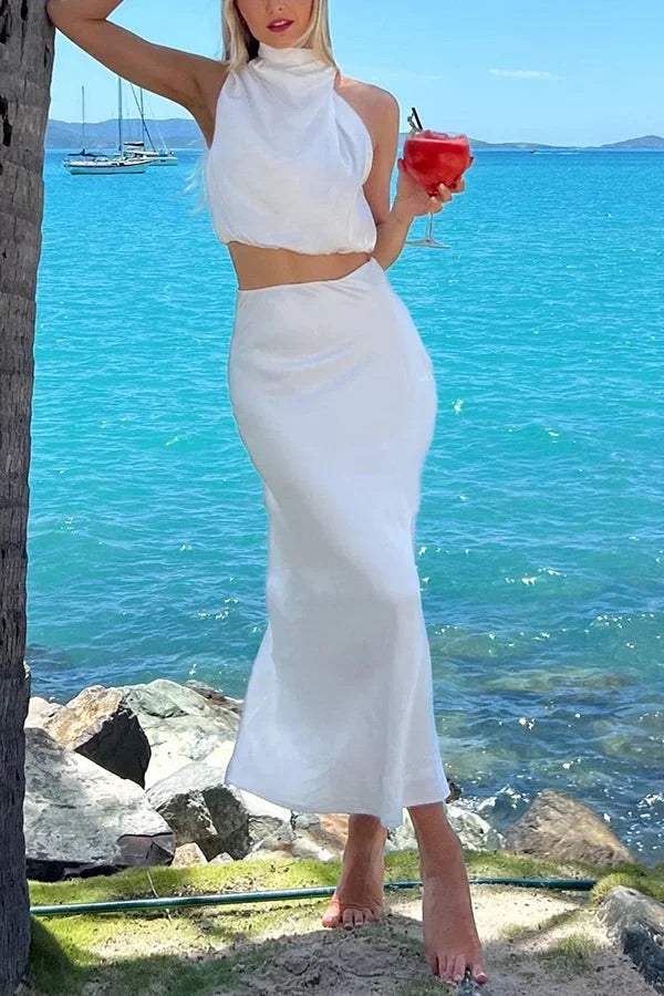 GR | Such a mood High-necked satin draped maxi skirt set 