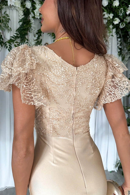 GR | Traumhafte Luxus Spitze und Satin Patchwork Rüschenausgestellte Midi Kleid