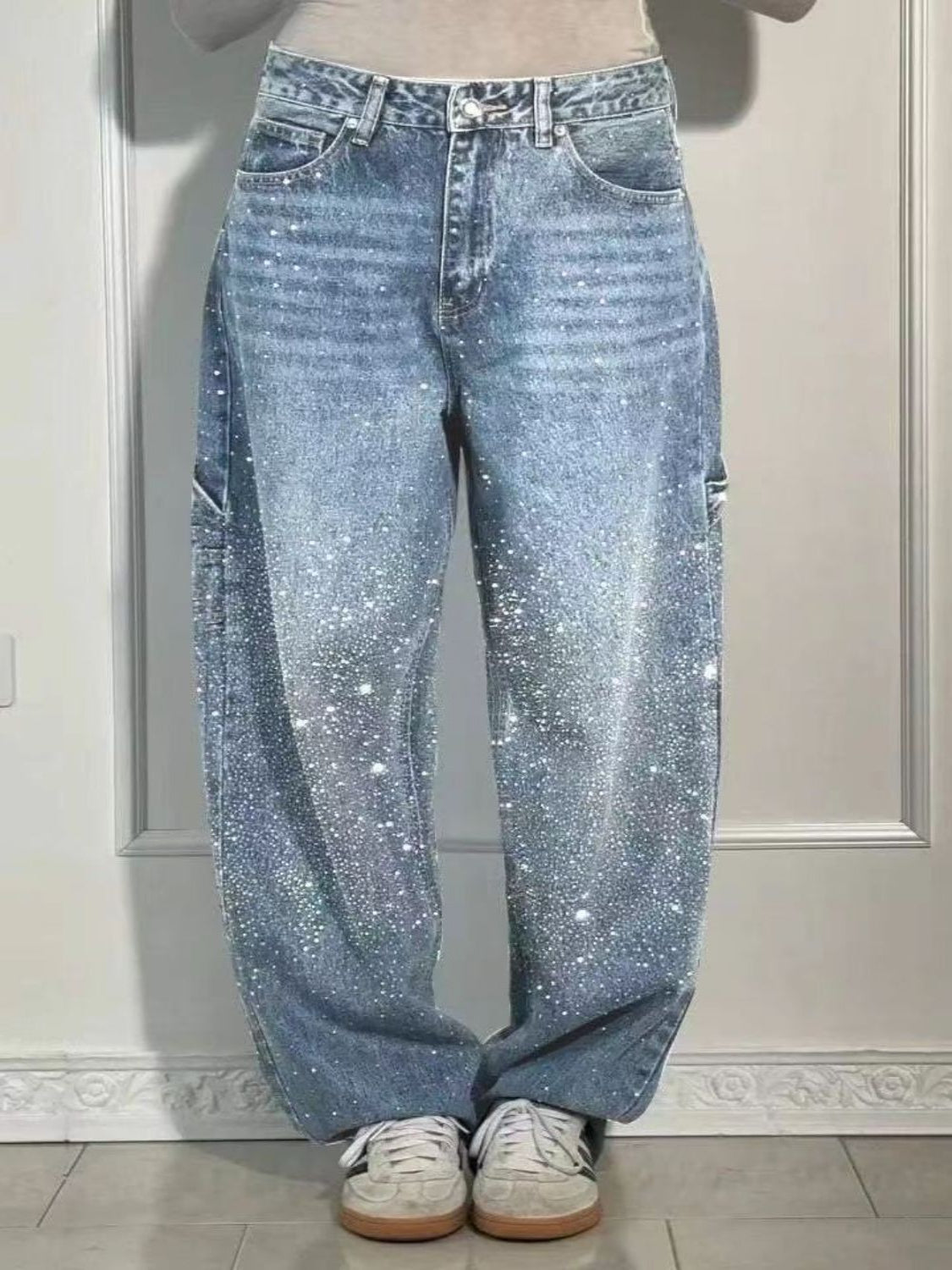 GR | Women's Washed Jeans with Rhinestone Details, Wide Fit