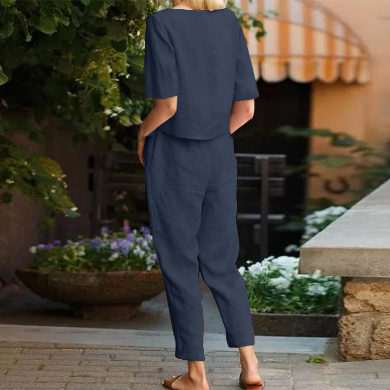 GR | Wide-leg women's trouser suit set made of cotton and linen