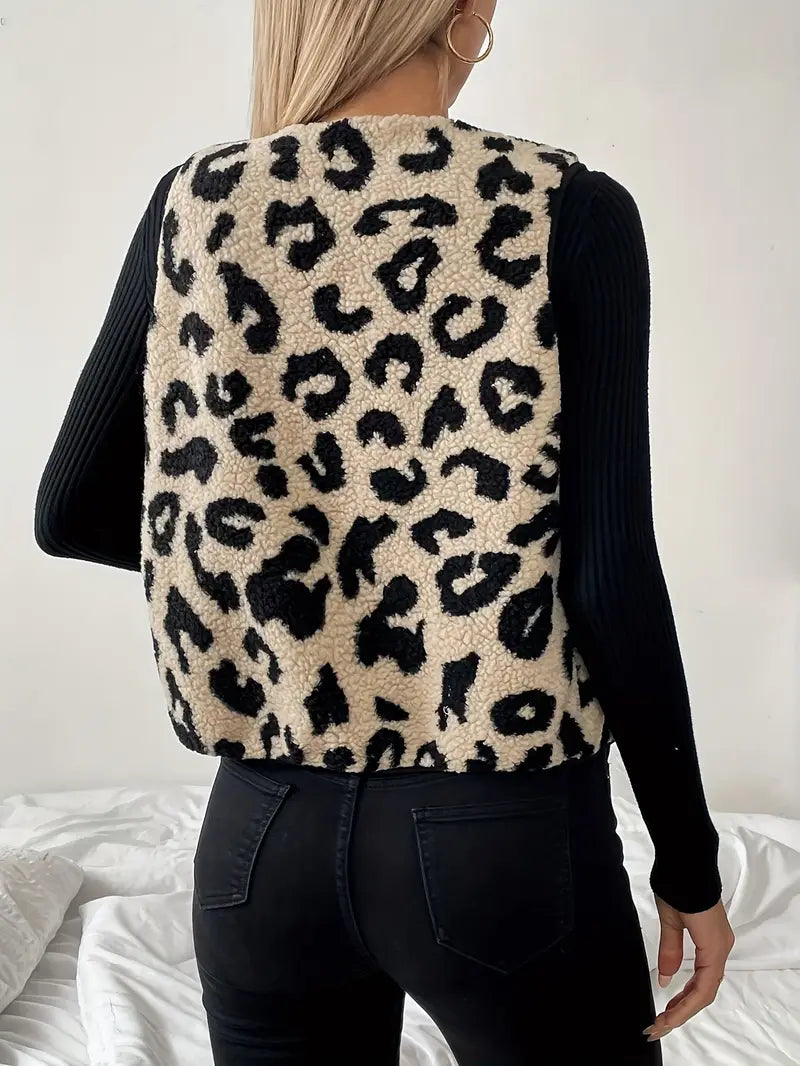 GR | Sleeveless faux fur vest with leopard print for women