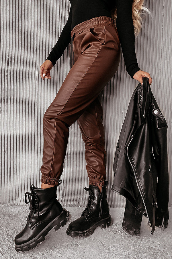 GR | Drasilla Faux Leather Elastic Waistband Pockets Jogger