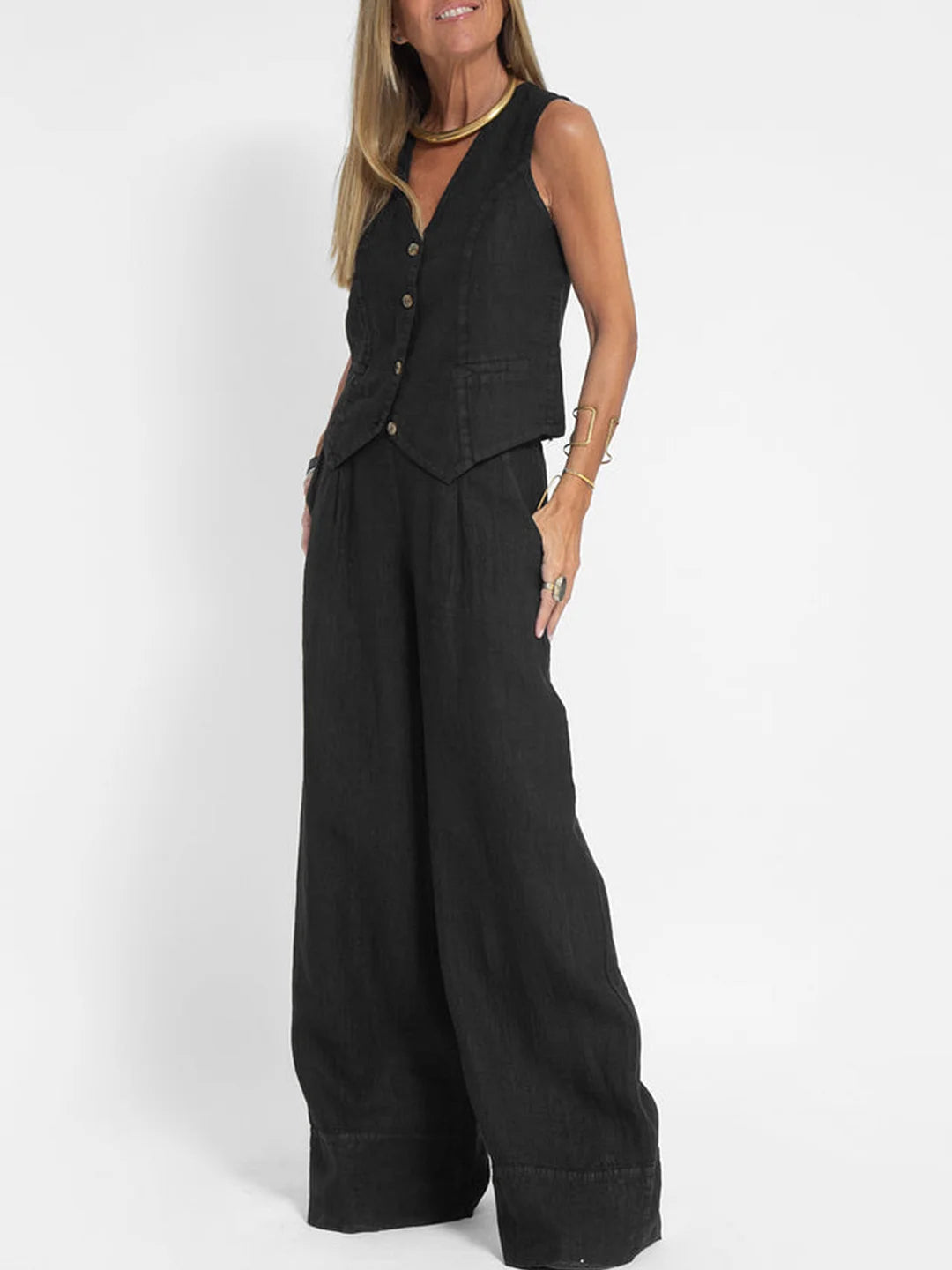 GR | Button-up vest & wide-leg trousers set