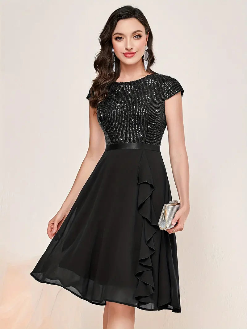 GR | Elegant dress with short sleeves, sequins and ruffles