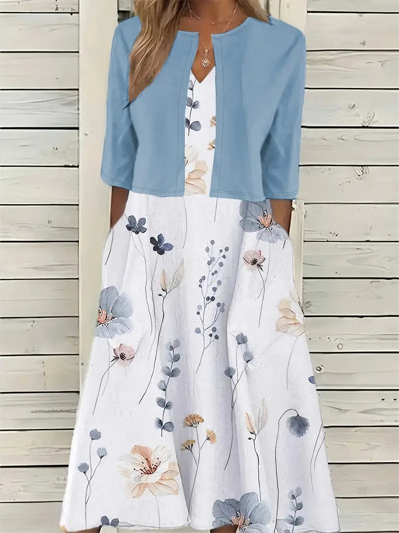 GR | Elegante Zweiteilige Blumenkleid-Set mit Einfarbigem Crop-Top und Rundhalskleid