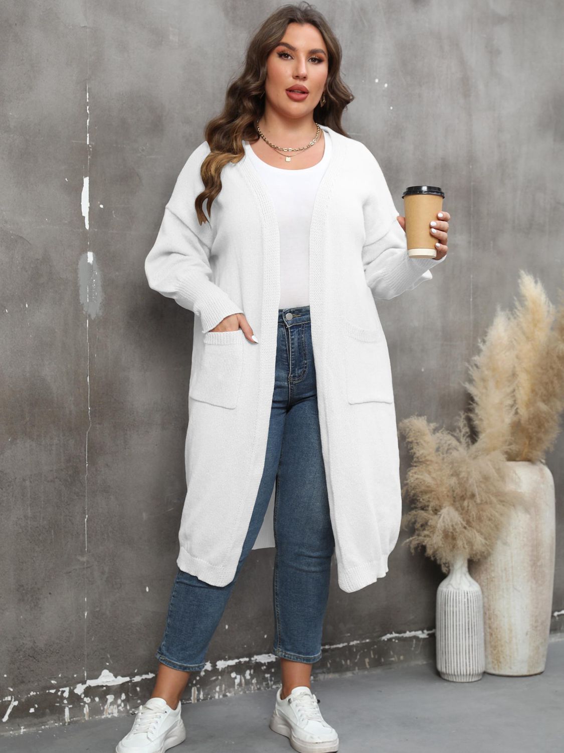 GR | Plus Size Langarm Taschen Cardigan