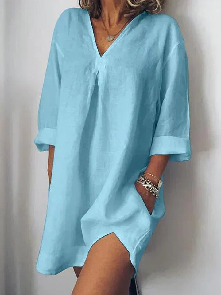 GR | Linen dress with V-neck and half sleeves