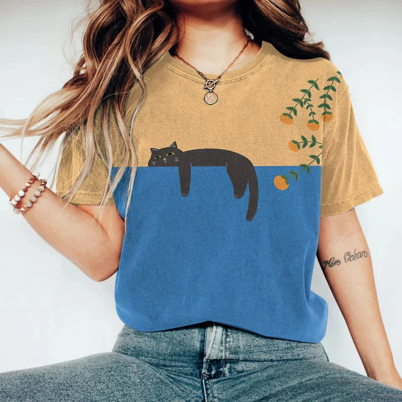 GR | Zweifarbige Katzen-Grafik-T-Shirt für Damen