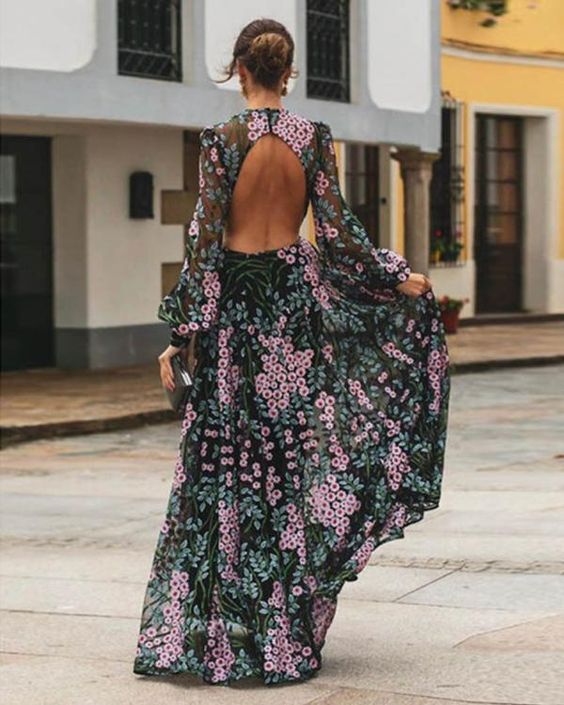 GR | Vintage Floral Rückenfreies Maxikleid
