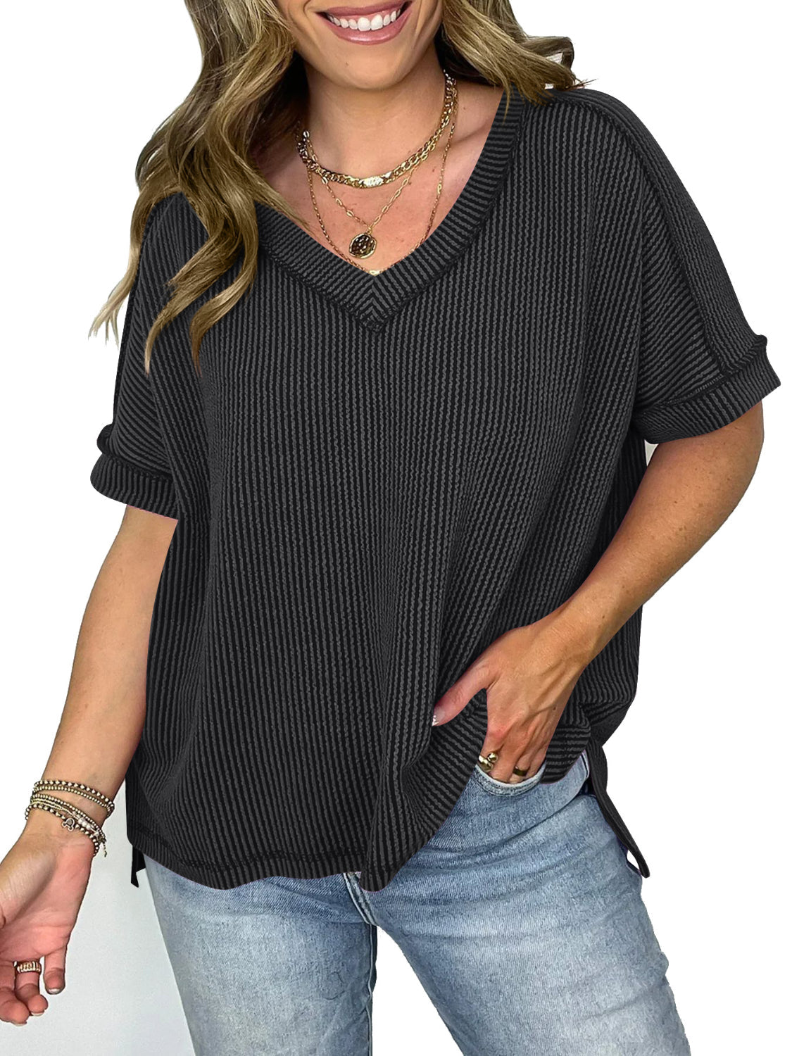 GR | Cord-Ripp V-Ausschnitt Kurzarm T-Shirt