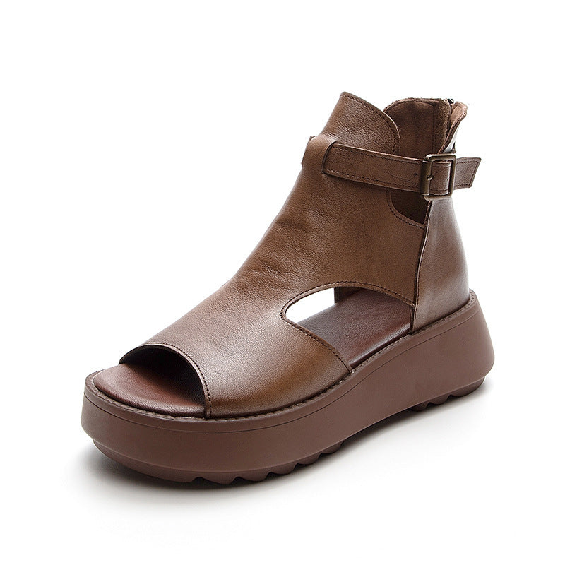 GR | Summer New Retro First Layer Cowhide Back Peep Toe Sandals for Women