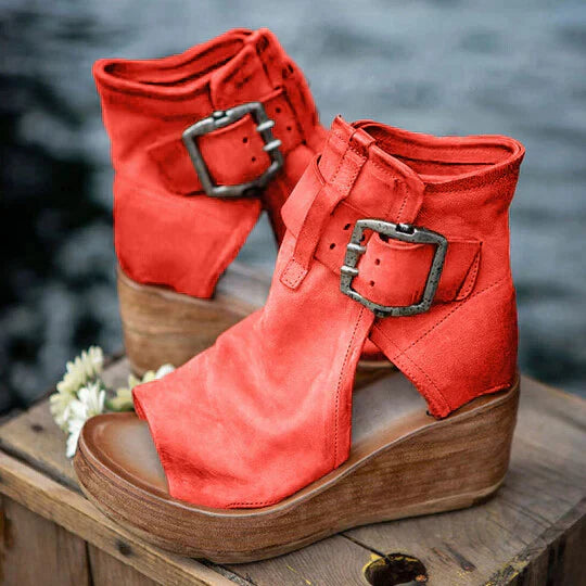 GR | Open High Top Sandals with Wedge Heel and Buckle for Women