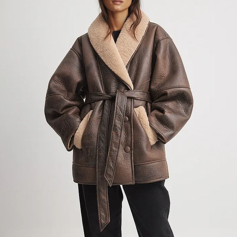 GR | Sherpa-lined faux leather jacket with belt