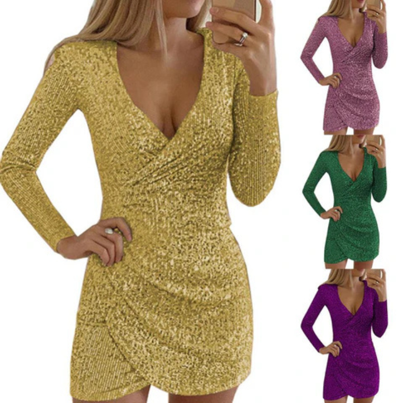 GR | Damen Pailletten Wickelkleid Mini