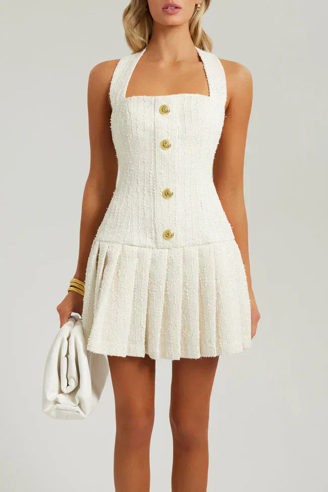 GR | Sleeveless mini dress, square neckline, textured tweed, button front, elegant fit