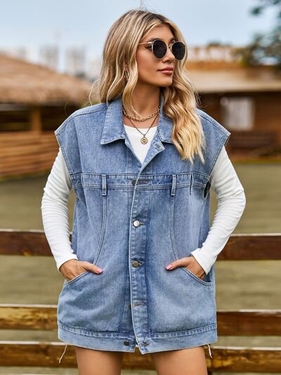 GR - button-up, buttoned sleeveless denim jacket