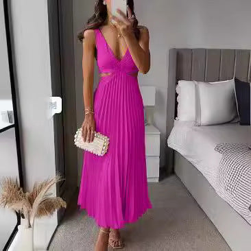 GR | Sleeveless V-neck dress with pleats and open back
