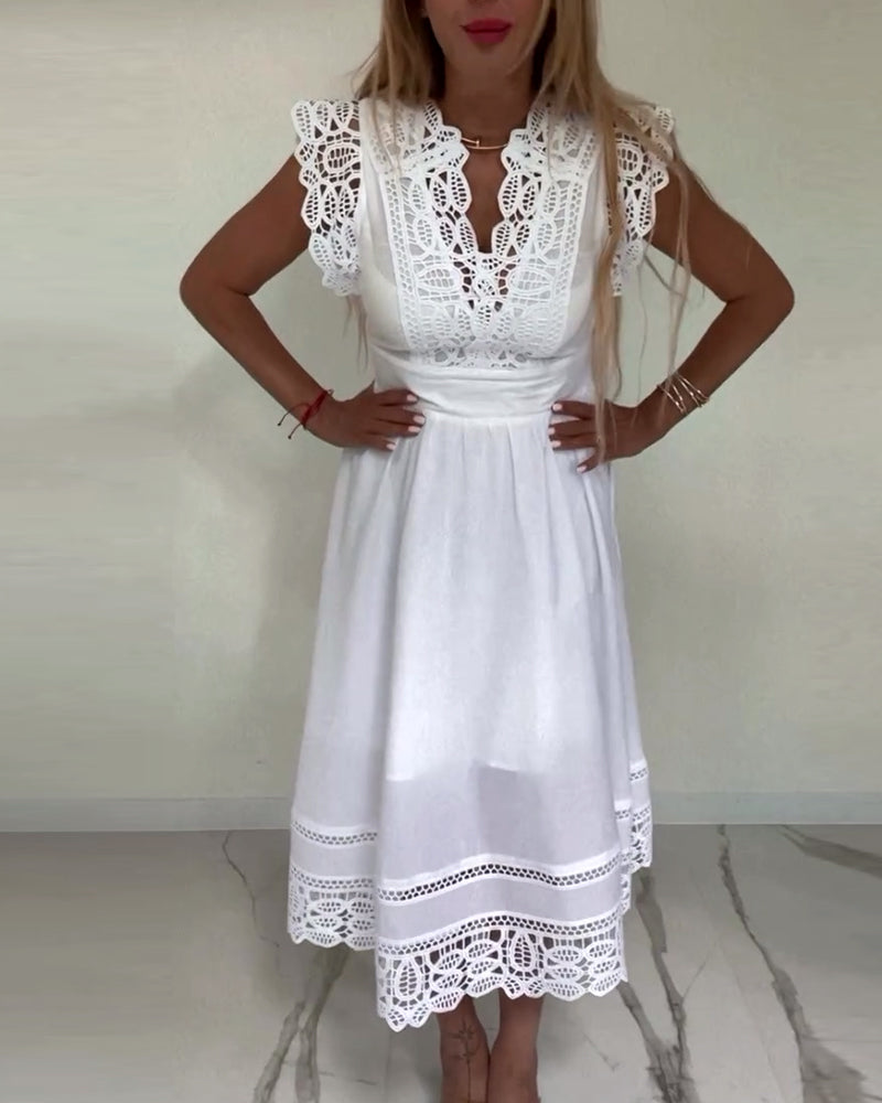 GR | Elegantes Ärmelloses Kleid aus Einfarbiger Spitze mit V-Ausschnitt