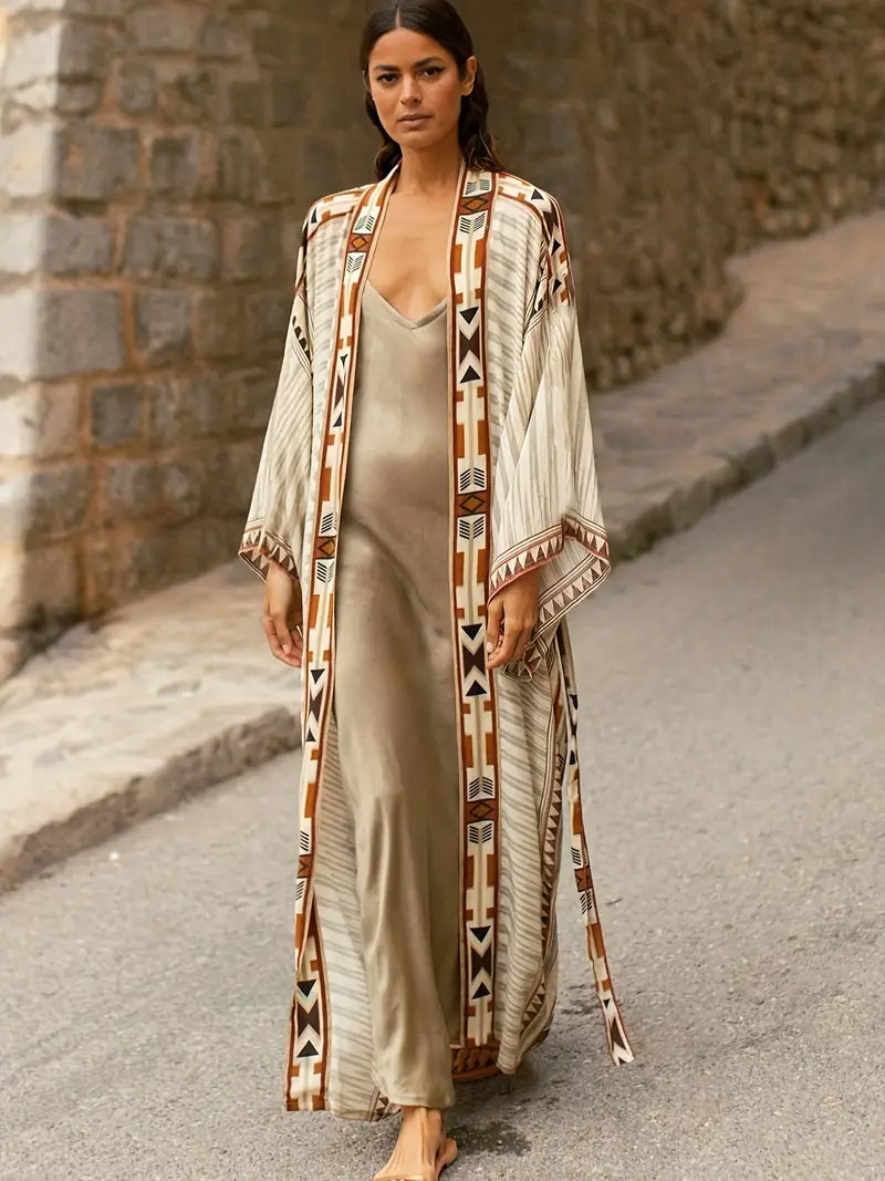 GR | Boho Plus Size Kimono with Tie Belt Maxi Tunic