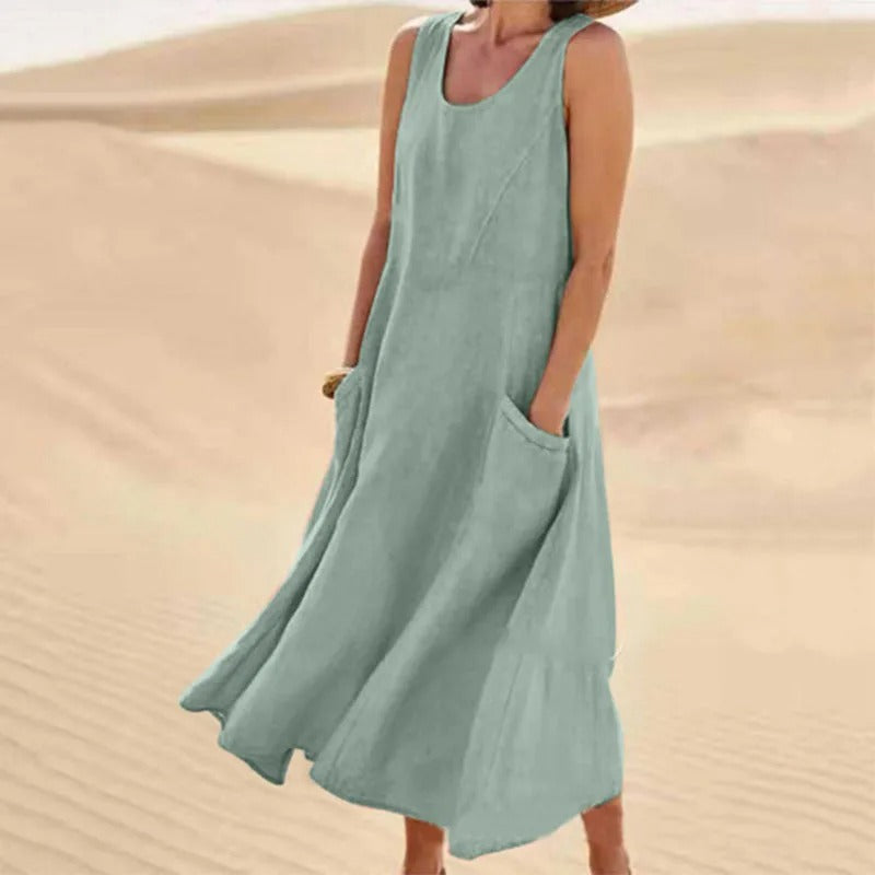 GR | Sleeveless Linen Dress with Pockets for Women