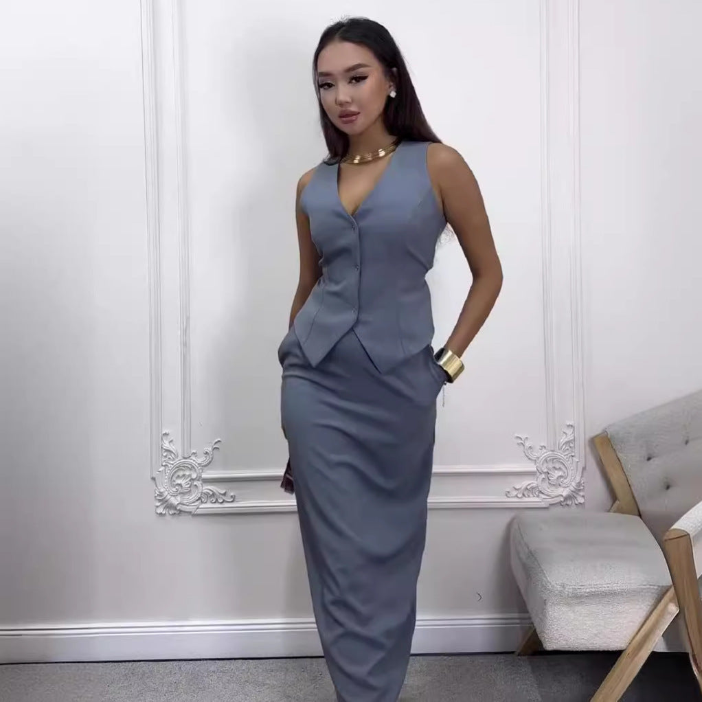 GR | Solid color sleeveless vest & skirt suit