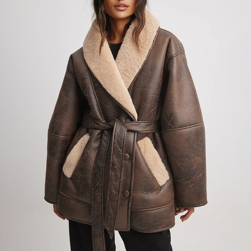 GR | Sherpa-lined faux leather jacket with belt
