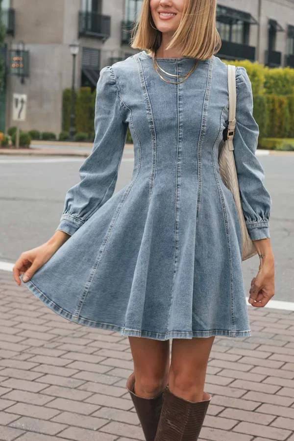 GR | Fade Into You Denim Prinzessinnenlinie Rückenreißverschluss Flare Stretch Mini Kleid