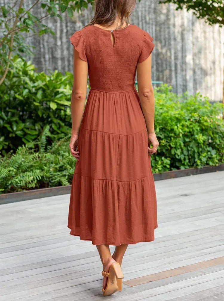 GR | Elegant pleated layered dress with short sleeves