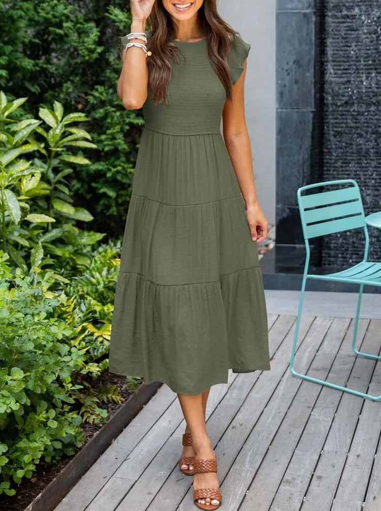 GR | Elegant pleated layered dress with short sleeves