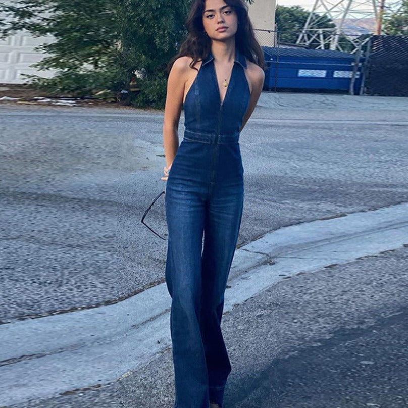 GR | Denim jumpsuit with halter neck