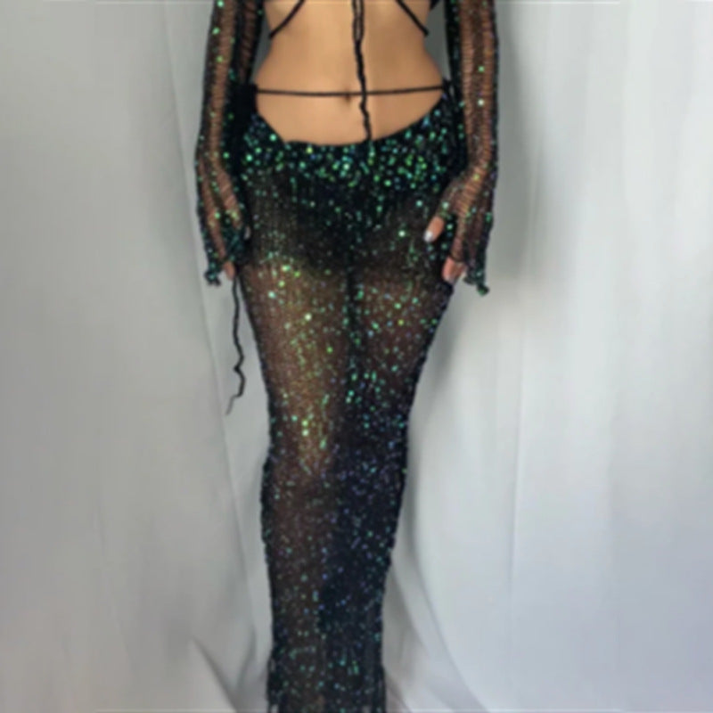 GR Two-piece long-sleeved sequined knit top with neckline and bodycon skirt