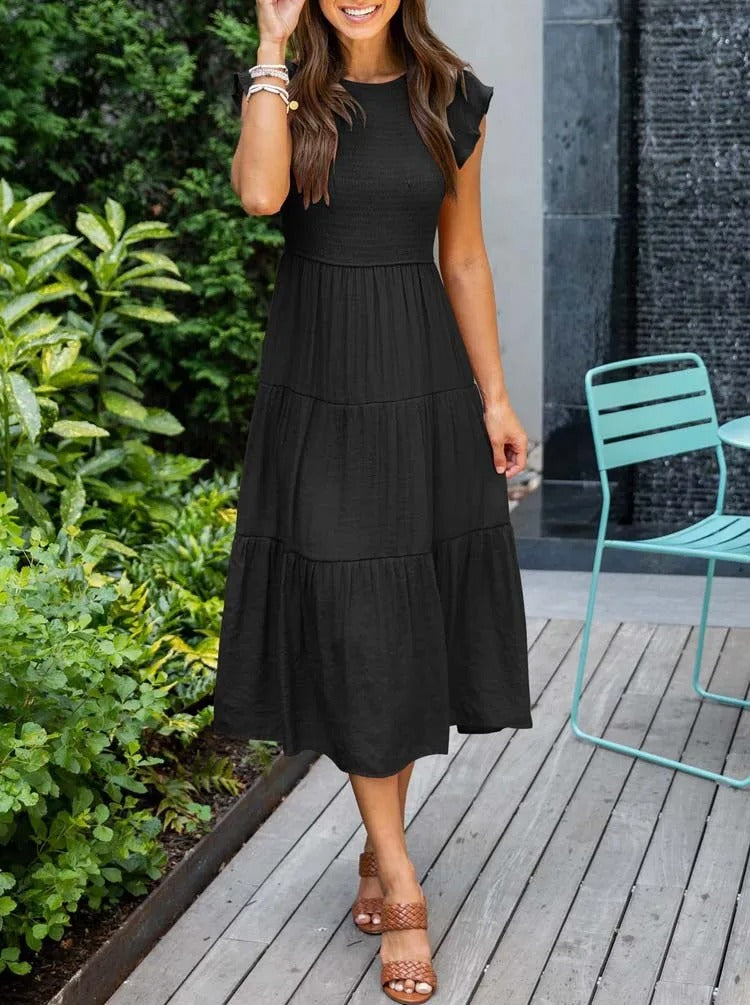 GR | Elegant pleated layered dress with short sleeves