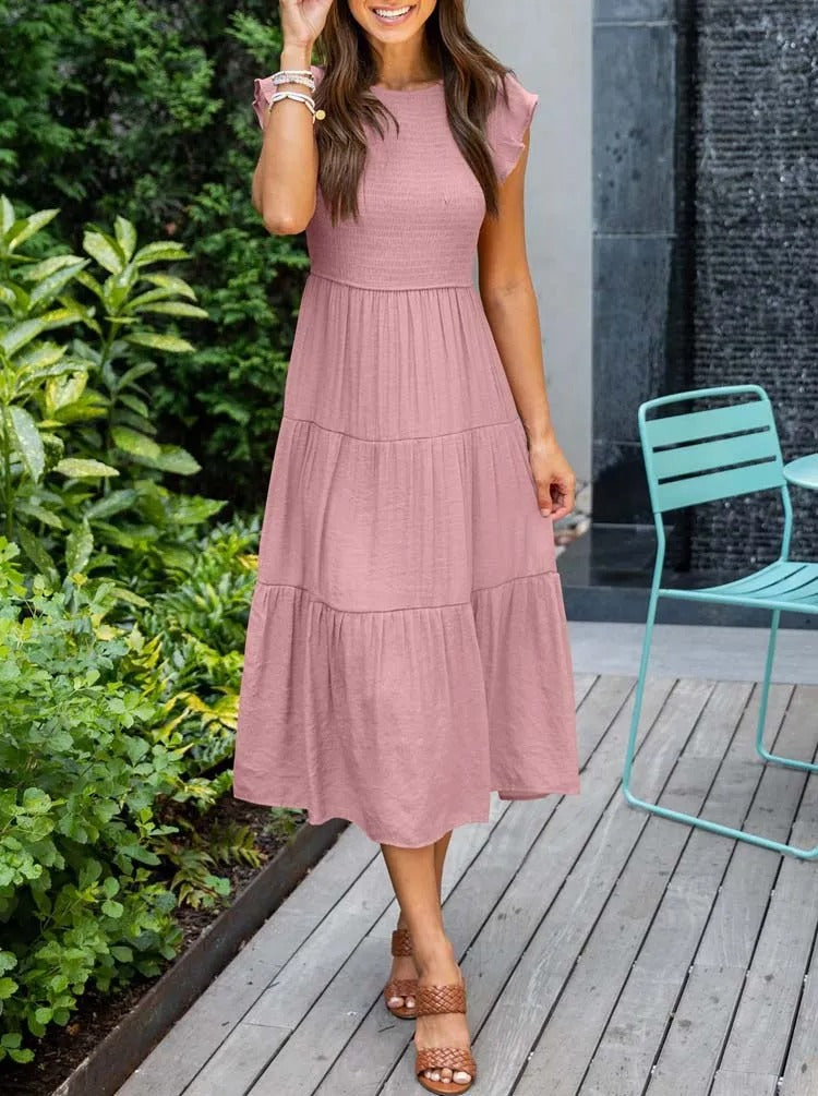 GR | Elegant pleated layered dress with short sleeves