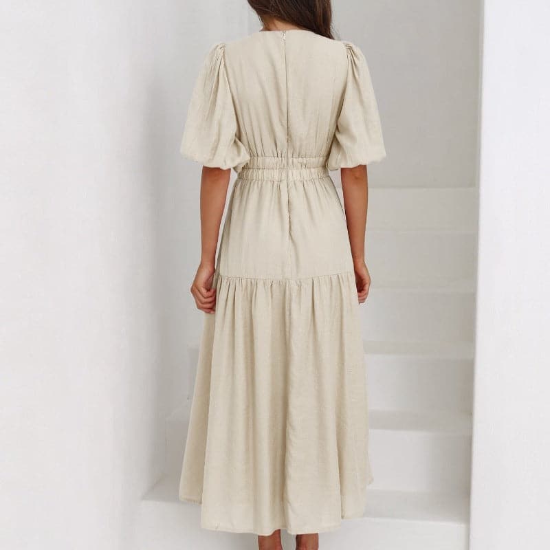 GR | Kleid Midi Länge V-Ausschnitt Kurze Puffärmel Taillierte Passform Leicht und Fließend